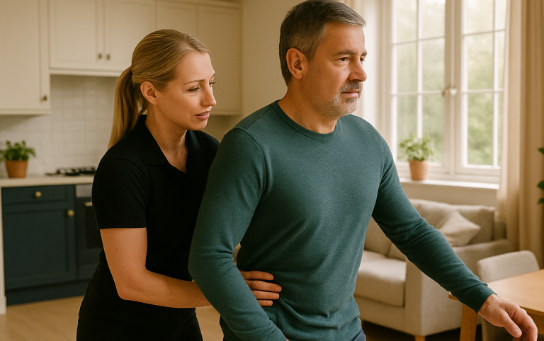 Vestibular and Balance Image A nurse assists an elderly man with walking in a bright healthcare setting.