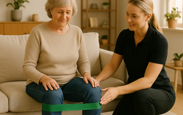 Falls & Elderly Image A healthcare professional assisting an elderly woman with weight training.